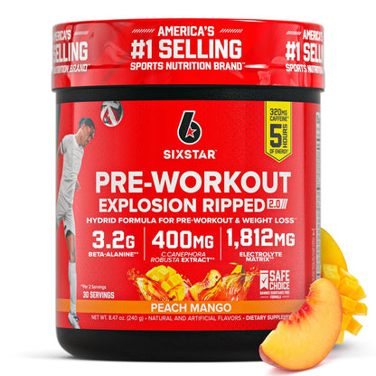 Six Star Pre-Workout Explosion, Pfirsich Mango (30 Portionen) - Pre-Workout Energiepulver für Männer & Frauen - Pre-Workout Getränk mit Kreatin & Beta-Alanin - Sporternährung