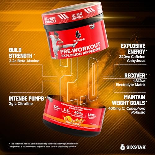Six Star Pre-Workout Explosion, Pfirsich Mango (30 Portionen) - Pre-Workout Energiepulver für Männer & Frauen - Pre-Workout Getränk mit Kreatin & Beta-Alanin - Sporternährung