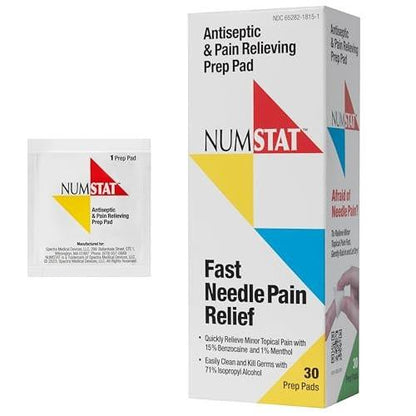 NUMSTAT Antiseptische Betäubungstücher für Nadel-Schmerzlinderung, 2-in-1 Formel mit Benzocain, Isopropylalkohol und Menthol – 30 Prep Pads