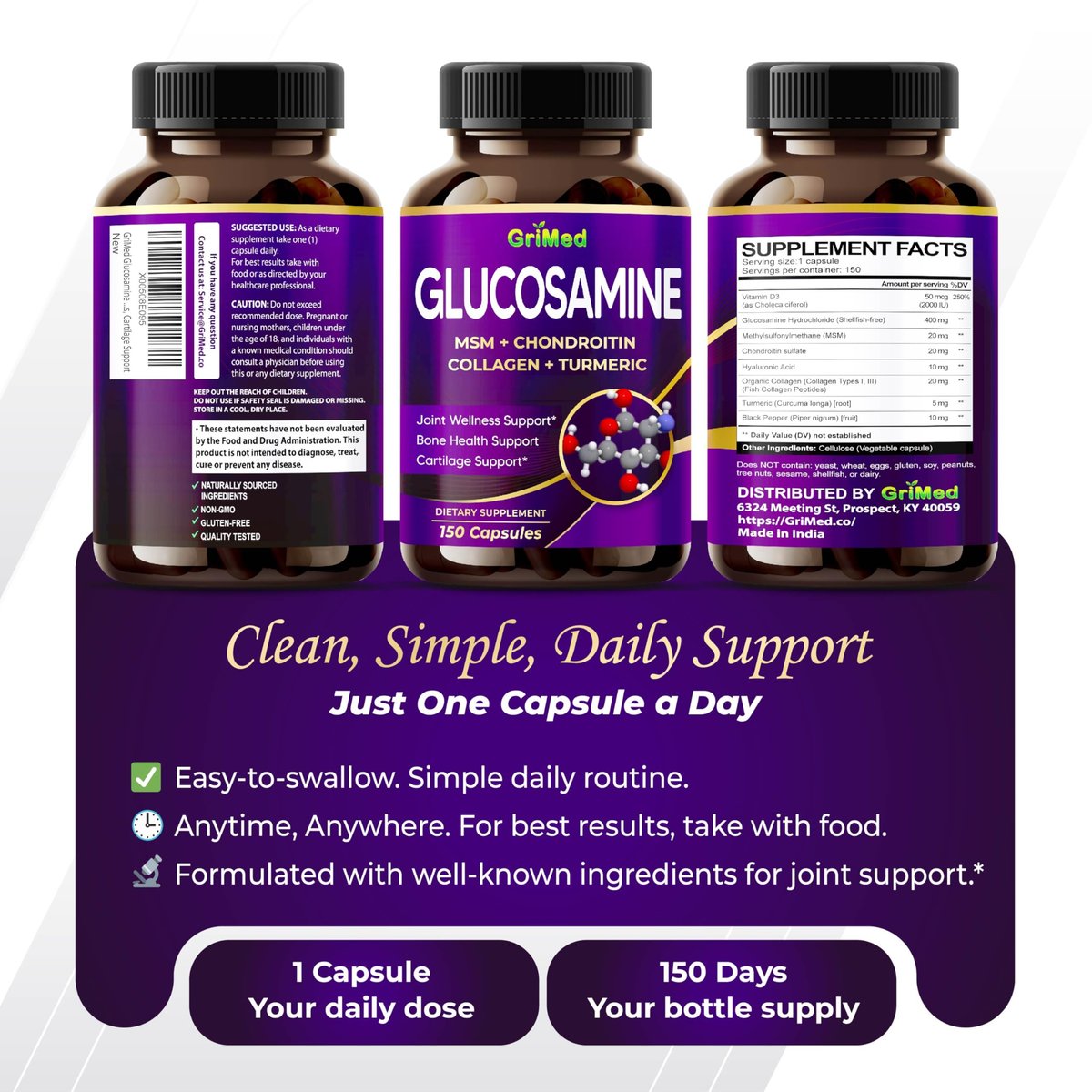 GriMed Glucosamin Kapseln mit MSM, Chondroitin, Kollagen, Kurkuma, Hyaluronsäure & Vitamin D3 – Gelenkunterstützung, 150 Stück
