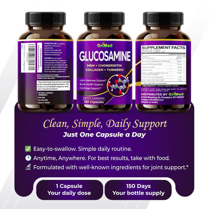 GriMed Glucosamin Kapseln mit MSM, Chondroitin, Kollagen, Kurkuma, Hyaluronsäure & Vitamin D3 – Gelenkunterstützung, 150 Stück