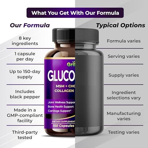 GriMed Glucosamin Kapseln mit MSM, Chondroitin, Kollagen, Kurkuma, Hyaluronsäure & Vitamin D3 – Gelenkunterstützung, 150 Stück