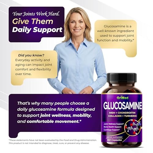 GriMed Glucosamin Kapseln mit MSM, Chondroitin, Kollagen, Kurkuma, Hyaluronsäure & Vitamin D3 – Gelenkunterstützung, 150 Stück