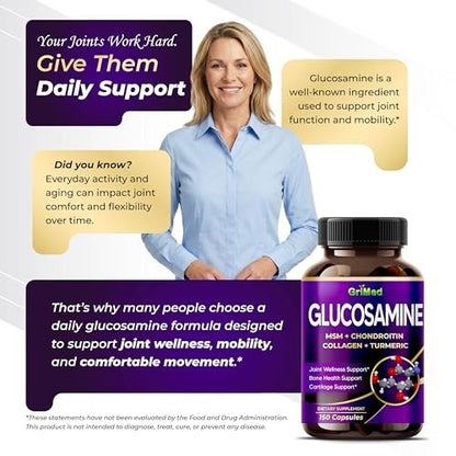 GriMed Glucosamin Kapseln mit MSM, Chondroitin, Kollagen, Kurkuma, Hyaluronsäure & Vitamin D3 – Gelenkunterstützung, 150 Stück