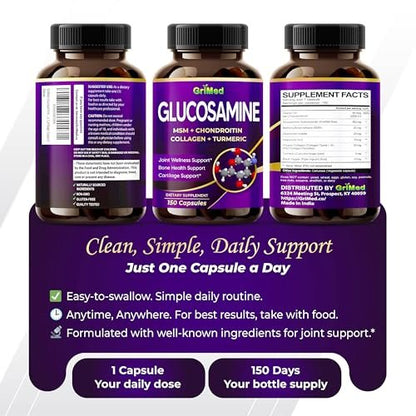 GriMed Glucosamin Kapseln mit MSM, Chondroitin, Kollagen, Kurkuma, Hyaluronsäure & Vitamin D3 – Gelenkunterstützung, 150 Stück