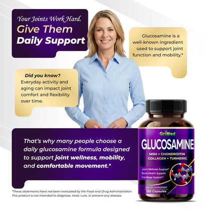 GriMed Glucosamin Kapseln mit MSM, Chondroitin, Kollagen, Kurkuma, Hyaluronsäure & Vitamin D3 – Gelenkunterstützung, 150 Stück