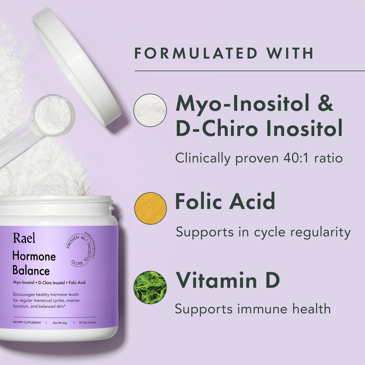 Rael Hormonbalance für Frauen – Inositol-Pulver mit Vitamin B8, 40:1 Verhältnis, Folsäure für die Eierstockfunktion (30 Portionen)
