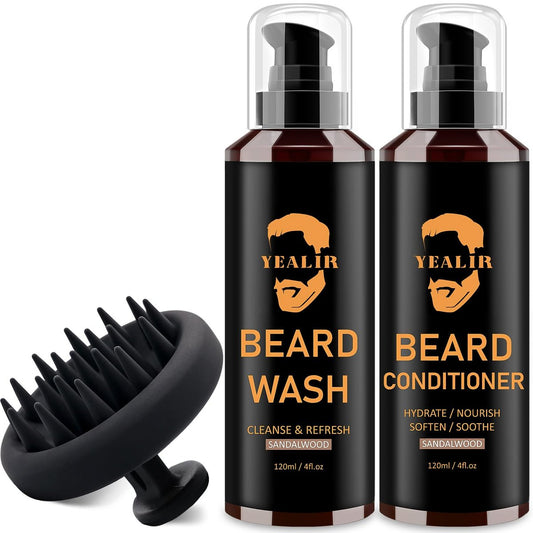 Bartwäsche und Conditioner & Silikon-Bartbürsten-Set mit Argan- und Jojobaölen – Reduziert Bartjucken, Schuppen, Bartshampoo, macht weich, stärkt und verleiht Glanz – 2 x 120 ml