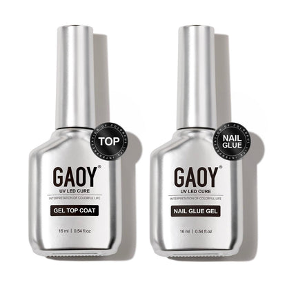 GAOY Gel Top Coat und Nagelkleber Set, 2 Stück 16 ml Klar Glänzend Kein Wisch-Kombination für UV-Licht Aushärtung