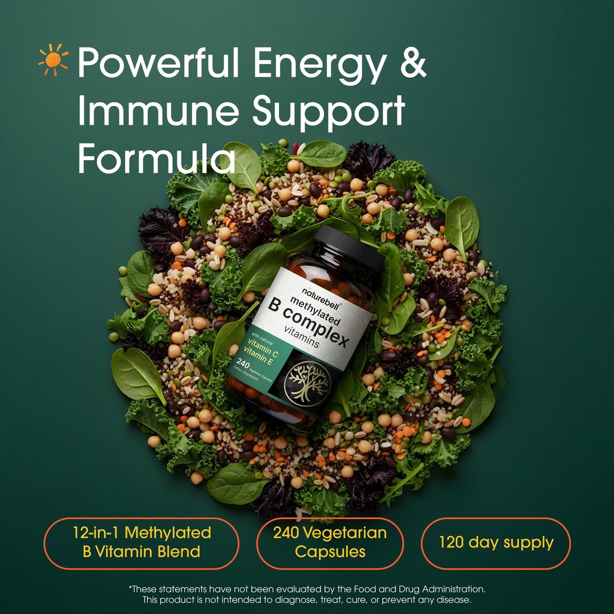 NatureBell Methylierte B-Komplex Vitamine - 240 Kapseln - Hoch bioverfügbare 12-in-1 Formel - Für Immunsystem & Energie* - Nicht-GVO & Glutenfrei