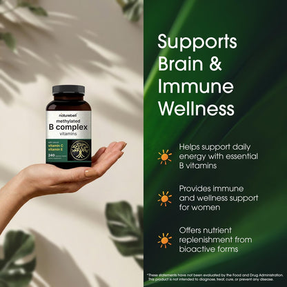 NatureBell Methylierte B-Komplex Vitamine - 240 Kapseln - Hoch bioverfügbare 12-in-1 Formel - Für Immunsystem & Energie* - Nicht-GVO & Glutenfrei