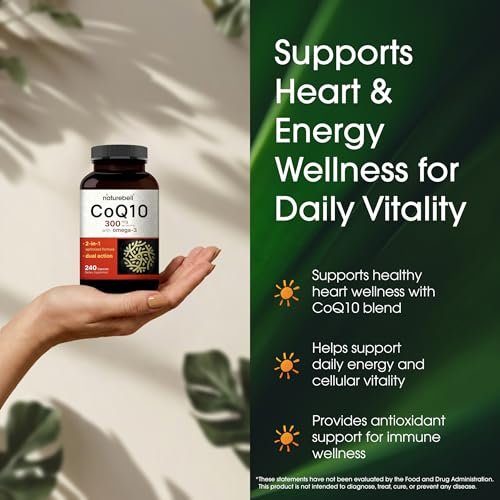 NatureBell CoQ10 300mg – 240 Kapseln – Hochdosierte Unterstützung für ein gesundes Herz – Tägliche Energie & Vitalität mit Antioxidantien – Leicht absorbierbares Ubiquinon & Omega-3*