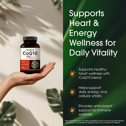 NatureBell CoQ10 300mg – 240 Kapseln – Hochdosierte Unterstützung für ein gesundes Herz – Tägliche Energie & Vitalität mit Antioxidantien – Leicht absorbierbares Ubiquinon & Omega-3*