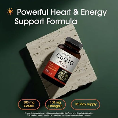 NatureBell CoQ10 300mg – 240 Kapseln – Hochdosierte Unterstützung für ein gesundes Herz – Tägliche Energie & Vitalität mit Antioxidantien – Leicht absorbierbares Ubiquinon & Omega-3*