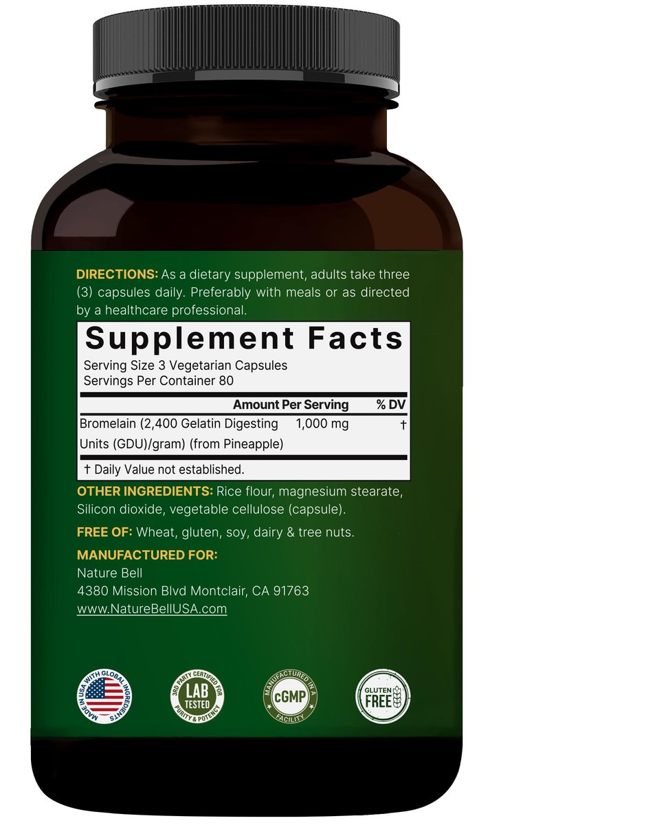NatureBell Bromelain 1.000 mg pro Portion, 240 vegane Kapseln | 2.400 GDU – Verdauungsenzyme & Gelenkunterstützung – Proteolytische Enzyme aus frischer Ananas – Non-GMO