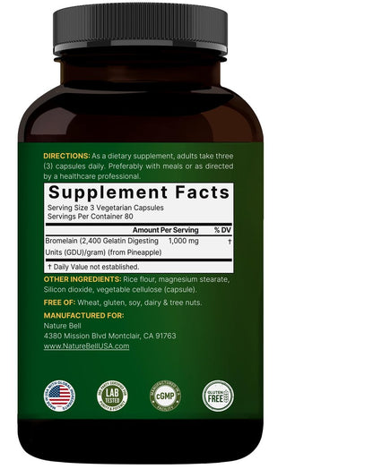 NatureBell Bromelain 1.000 mg pro Portion, 240 vegane Kapseln | 2.400 GDU – Verdauungsenzyme & Gelenkunterstützung – Proteolytische Enzyme aus frischer Ananas – Non-GMO