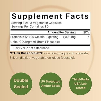 NatureBell Bromelain 1.000 mg pro Portion, 240 vegane Kapseln | 2.400 GDU – Verdauungsenzyme & Gelenkunterstützung – Proteolytische Enzyme aus frischer Ananas – Non-GMO