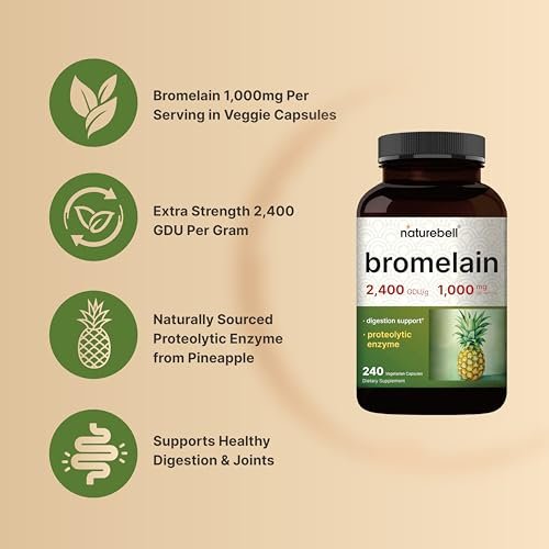 NatureBell Bromelain 1.000 mg pro Portion, 240 vegane Kapseln | 2.400 GDU – Verdauungsenzyme & Gelenkunterstützung – Proteolytische Enzyme aus frischer Ananas – Non-GMO