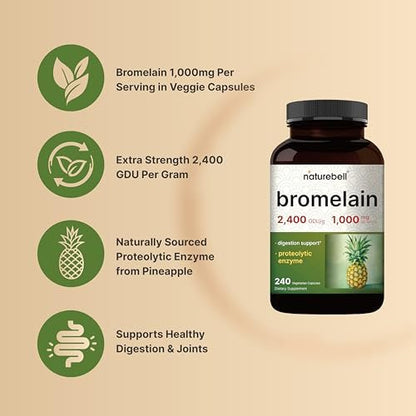 NatureBell Bromelain 1.000 mg pro Portion, 240 vegane Kapseln | 2.400 GDU – Verdauungsenzyme & Gelenkunterstützung – Proteolytische Enzyme aus frischer Ananas – Non-GMO