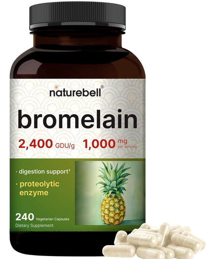 NatureBell Bromelain 1.000 mg pro Portion, 240 vegane Kapseln | 2.400 GDU – Verdauungsenzyme & Gelenkunterstützung – Proteolytische Enzyme aus frischer Ananas – Non-GMO