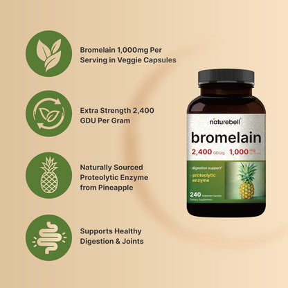 NatureBell Bromelain 1.000 mg pro Portion, 240 vegane Kapseln | 2.400 GDU – Verdauungsenzyme & Gelenkunterstützung – Proteolytische Enzyme aus frischer Ananas – Non-GMO