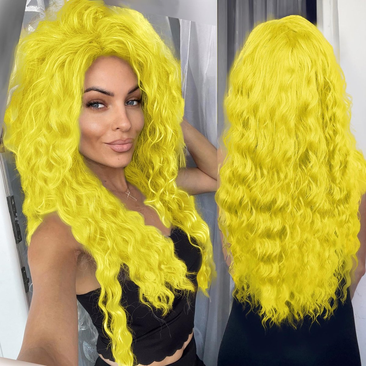 GNIMEGIL Gelbe Perücke für Frauen 28 Zoll Lange Lockige Wellige Perücke Freier Ansatz Perfekt für Halloween Smurfette Kostüm Cosplay Synthetikfaser Body Wave Zitronen-Baiser-Farbe