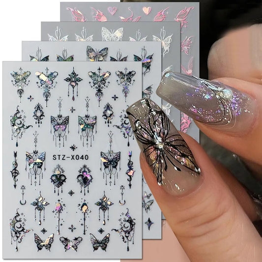 3D Punk Metallic Schwarz & Aurora Butterfly Nagelaufkleber - Pink & Silber Schmetterlingssticker für Frauen