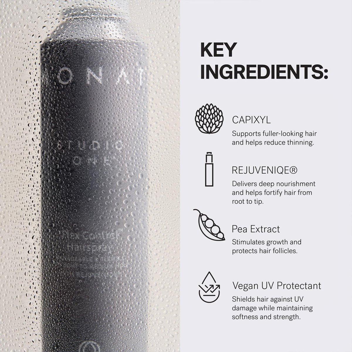 MONAT Studio One™ Flex Control Hairspray – Leichter bis mittlerer, aufbaubarer Halt – Angereichert mit REJUVENIQE® – Für coloriertes Haar geeignet – Frischer Duft – Stil-Memory bei feuchtem Wetter