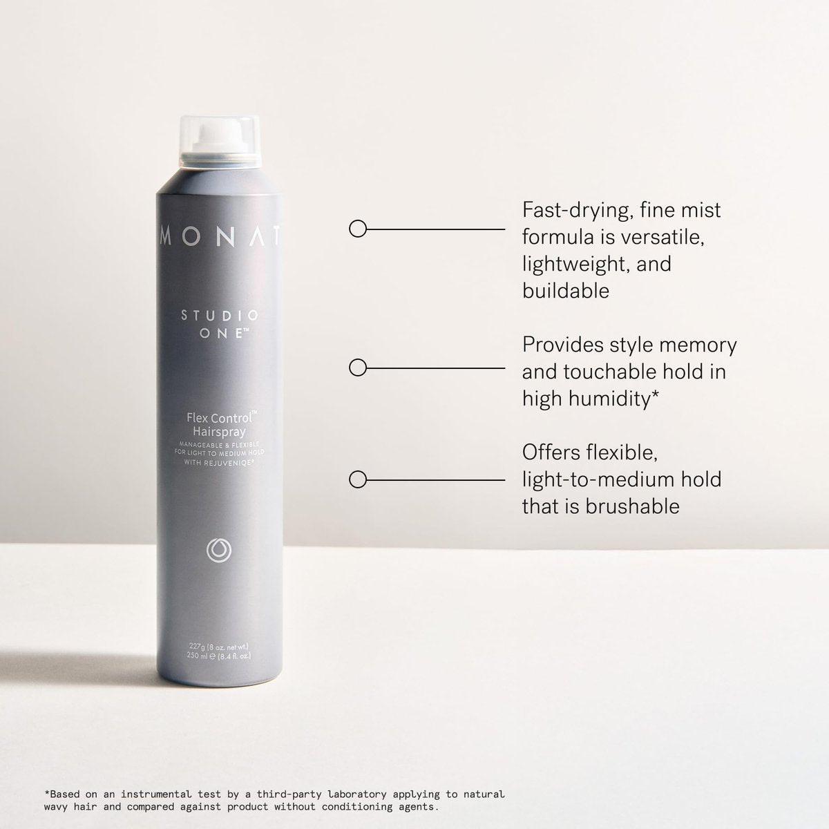 MONAT Studio One™ Flex Control Hairspray – Leichter bis mittlerer, aufbaubarer Halt – Angereichert mit REJUVENIQE® – Für coloriertes Haar geeignet – Frischer Duft – Stil-Memory bei feuchtem Wetter