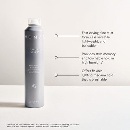 MONAT Studio One™ Flex Control Hairspray – Leichter bis mittlerer, aufbaubarer Halt – Angereichert mit REJUVENIQE® – Für coloriertes Haar geeignet – Frischer Duft – Stil-Memory bei feuchtem Wetter