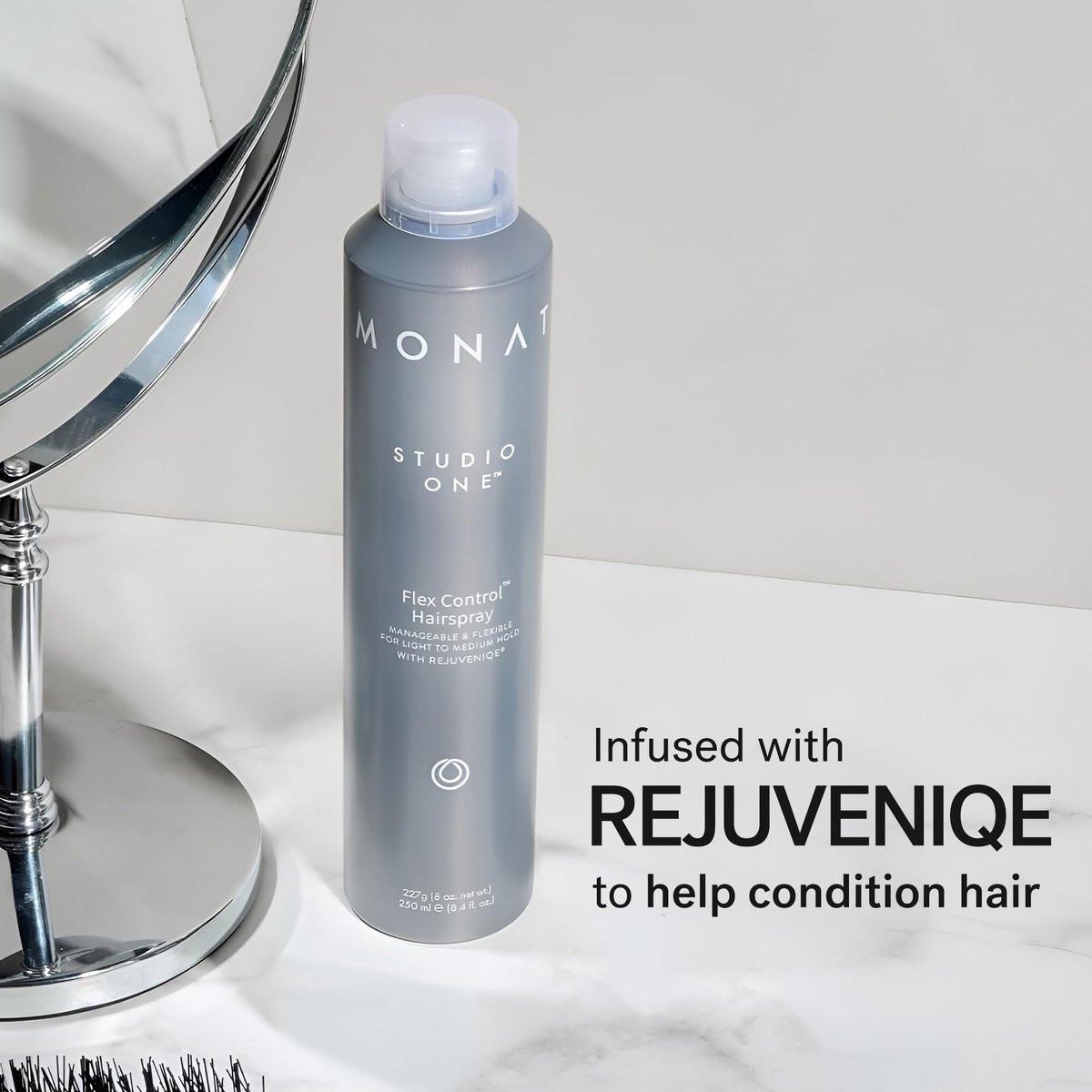 MONAT Studio One™ Flex Control Hairspray – Leichter bis mittlerer, aufbaubarer Halt – Angereichert mit REJUVENIQE® – Für coloriertes Haar geeignet – Frischer Duft – Stil-Memory bei feuchtem Wetter