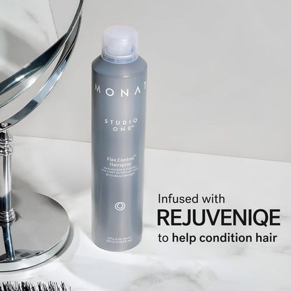 MONAT Studio One™ Flex Control Hairspray – Leichter bis mittlerer, aufbaubarer Halt – Angereichert mit REJUVENIQE® – Für coloriertes Haar geeignet – Frischer Duft – Stil-Memory bei feuchtem Wetter
