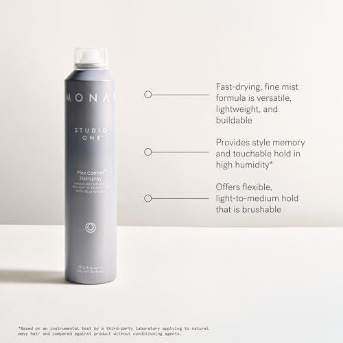 MONAT Studio One™ Flex Control Hairspray – Leichter bis mittlerer, aufbaubarer Halt – Angereichert mit REJUVENIQE® – Für coloriertes Haar geeignet – Frischer Duft – Stil-Memory bei feuchtem Wetter