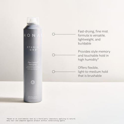 MONAT Studio One™ Flex Control Hairspray – Leichter bis mittlerer, aufbaubarer Halt – Angereichert mit REJUVENIQE® – Für coloriertes Haar geeignet – Frischer Duft – Stil-Memory bei feuchtem Wetter