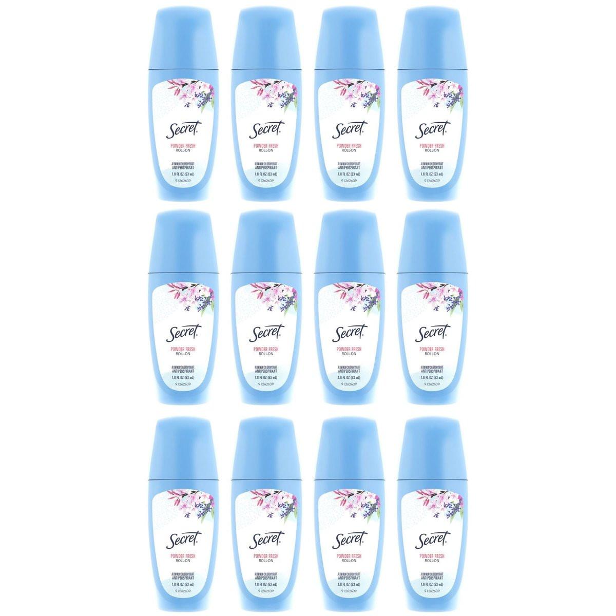 Secret Roll-On Antitranspirant und Deodorant für Frauen, 24h Schweiß- & Geruchsschutz, pH-ausgeglichene Formel, Powder Fresh Duft, 1,8 oz (12er-Pack)