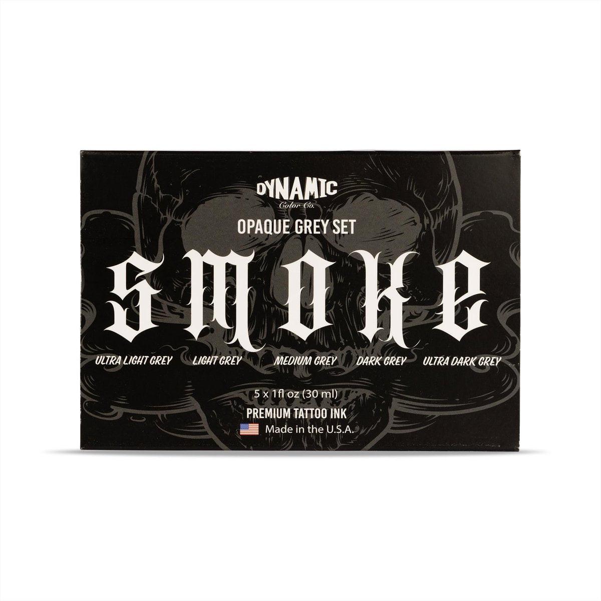 Dynamic Color Co- Rauch-Set, Opaque Graue Tattoo Farbe, 5 Nuancen von Ultra Hell bis Ultra Dunkel, Hergestellt in den USA, Sterilisiert, 1 oz Flaschen - Für professionelle Tätowierer
