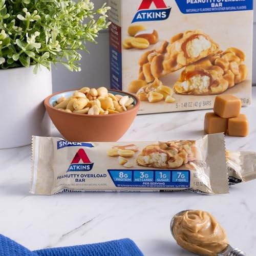 Atkins Peanutty Overload Snack Riegel – Protein Snack, ballaststoffreich, nur 2g Zucker, 5er Pack