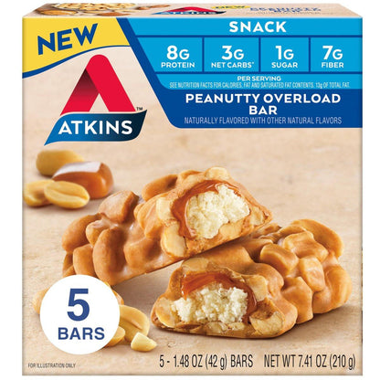 Atkins Peanutty Overload Snack Riegel – Protein Snack, ballaststoffreich, nur 2g Zucker, 5er Pack