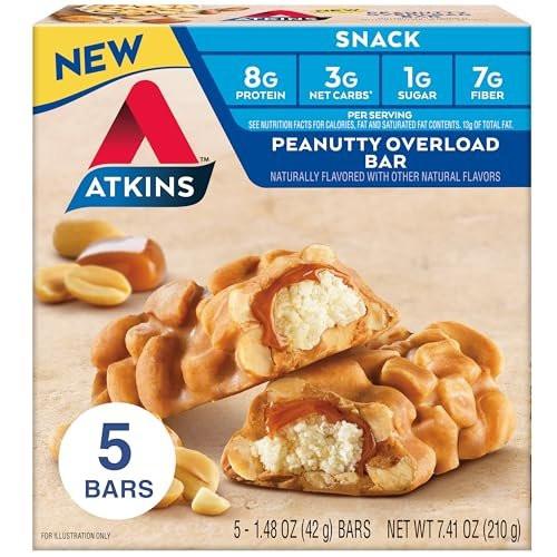 Atkins Peanutty Overload Snack Riegel – Protein Snack, ballaststoffreich, nur 2g Zucker, 5er Pack