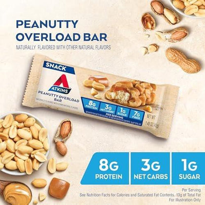 Atkins Peanutty Overload Snack Riegel – Protein Snack, ballaststoffreich, nur 2g Zucker, 5er Pack