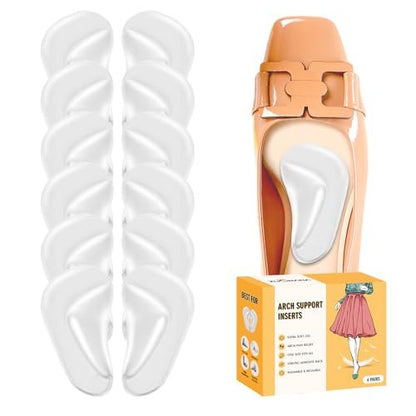 ZUCNANA Fersensporn Einlagen für Frauen (6 Paar) – Weiche Gel-Gewölbestützen für Plantarfasziitis, wieder verwendbare Fußschmerz-Pads, eine Größe passt für alle (Transparent)