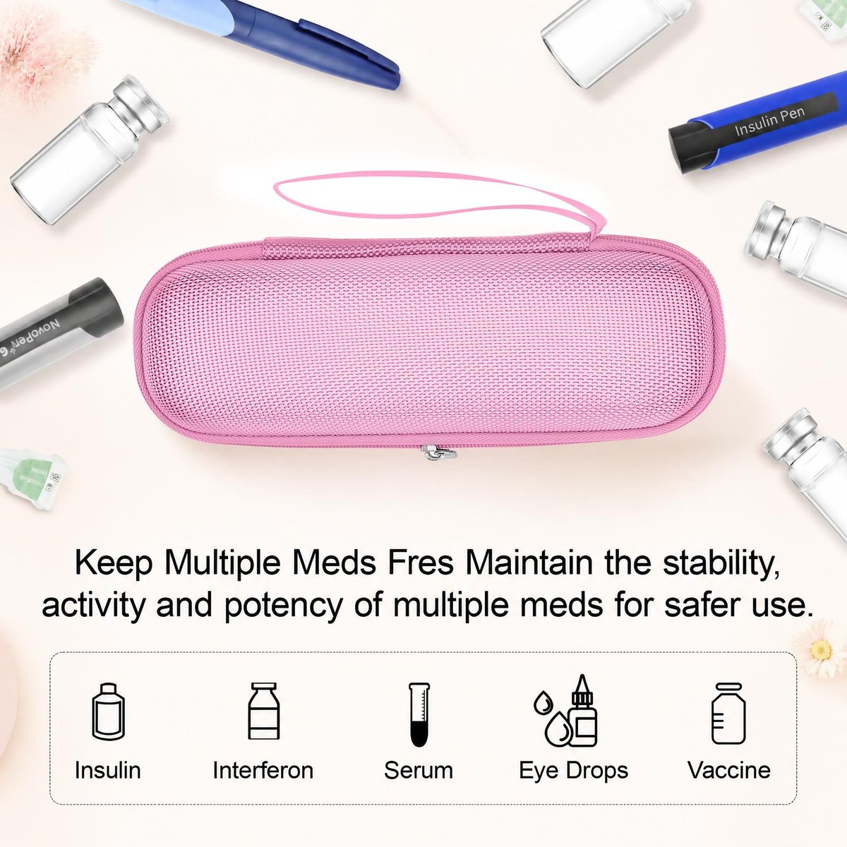 sijidou Insulin-Kühlkoffer Reiseetui, Tragbare Insulin-Aufbewahrung, Isolierte Organizer für Insulin-Pens (Pink)