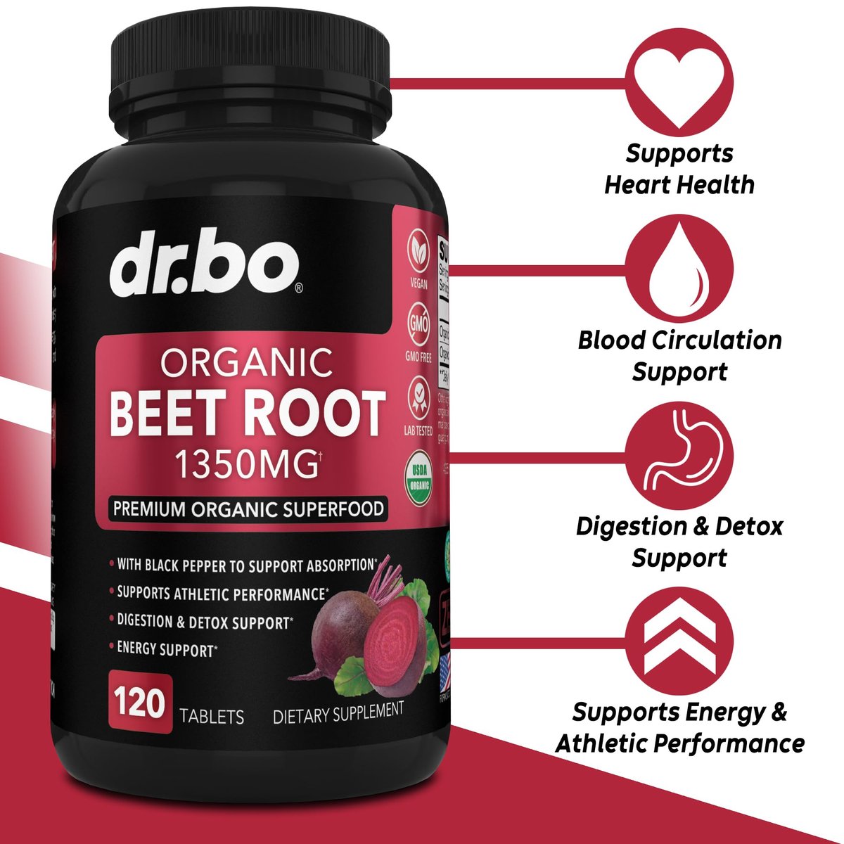 Bio Rote Bete Kapseln 1350mg - Rote Bete Pulver Extrakt, Nitric Oxide Booster für Durchblutung & Vitalität - 120 Tabletten