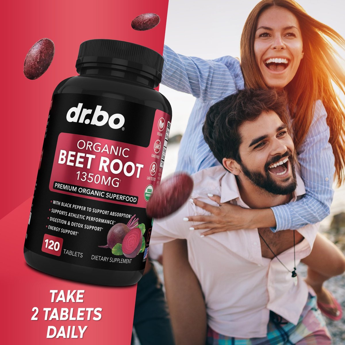 Bio Rote Bete Kapseln 1350mg - Rote Bete Pulver Extrakt, Nitric Oxide Booster für Durchblutung & Vitalität - 120 Tabletten