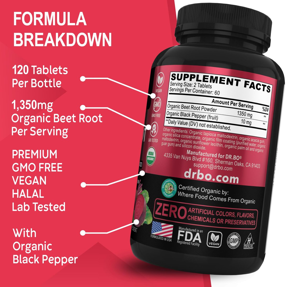 Bio Rote Bete Kapseln 1350mg - Rote Bete Pulver Extrakt, Nitric Oxide Booster für Durchblutung & Vitalität - 120 Tabletten