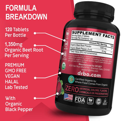 Bio Rote Bete Kapseln 1350mg - Rote Bete Pulver Extrakt, Nitric Oxide Booster für Durchblutung & Vitalität - 120 Tabletten