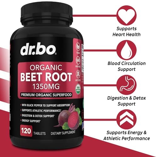 Bio Rote Bete Kapseln 1350mg - Rote Bete Pulver Extrakt, Nitric Oxide Booster für Durchblutung & Vitalität - 120 Tabletten