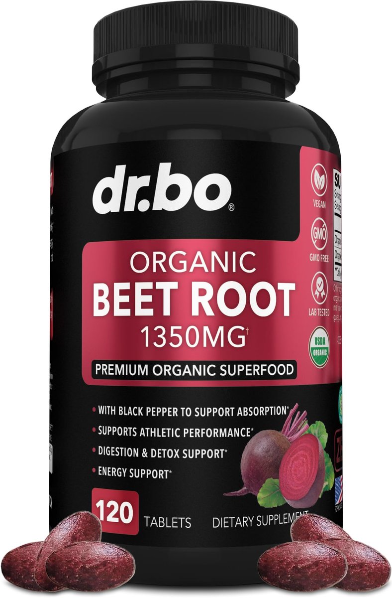 Bio Rote Bete Kapseln 1350mg - Rote Bete Pulver Extrakt, Nitric Oxide Booster für Durchblutung & Vitalität - 120 Tabletten