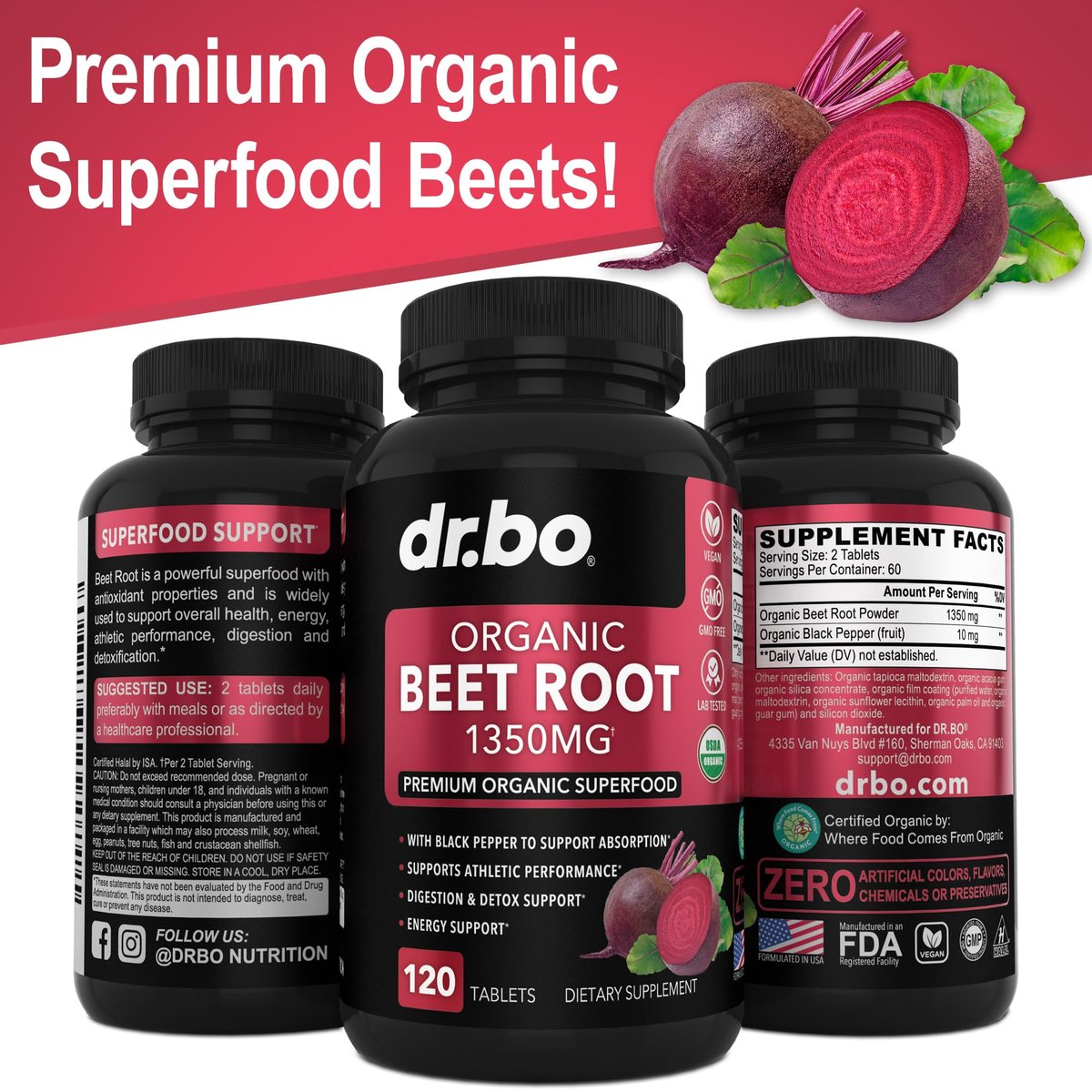 Bio Rote Bete Kapseln 1350mg - Rote Bete Pulver Extrakt, Nitric Oxide Booster für Durchblutung & Vitalität - 120 Tabletten