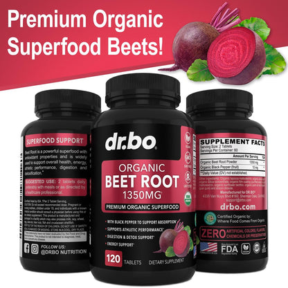 Bio Rote Bete Kapseln 1350mg - Rote Bete Pulver Extrakt, Nitric Oxide Booster für Durchblutung & Vitalität - 120 Tabletten